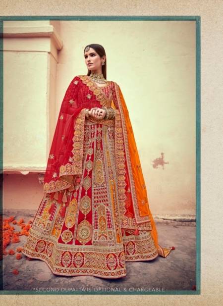 Red And Orange Colour Exclusive Bridal Wedding Wear Heavy Embroidery Work Latest Lehenga Choli Collection AA-103